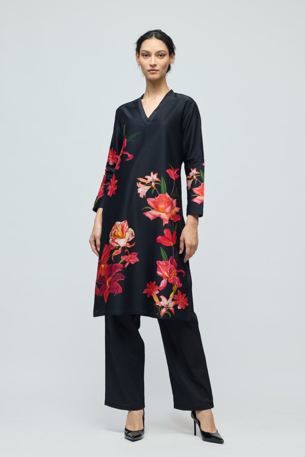 Black Floral Printed Tunic Set