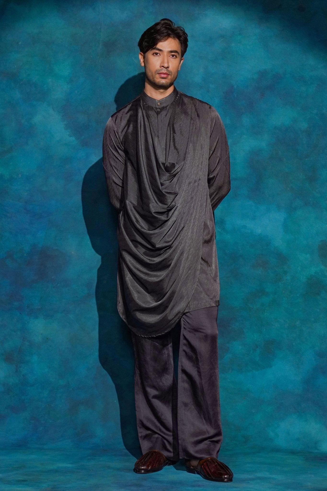 Charcoal Gray Drape Kurta Set - Jatin Malik - Elahe