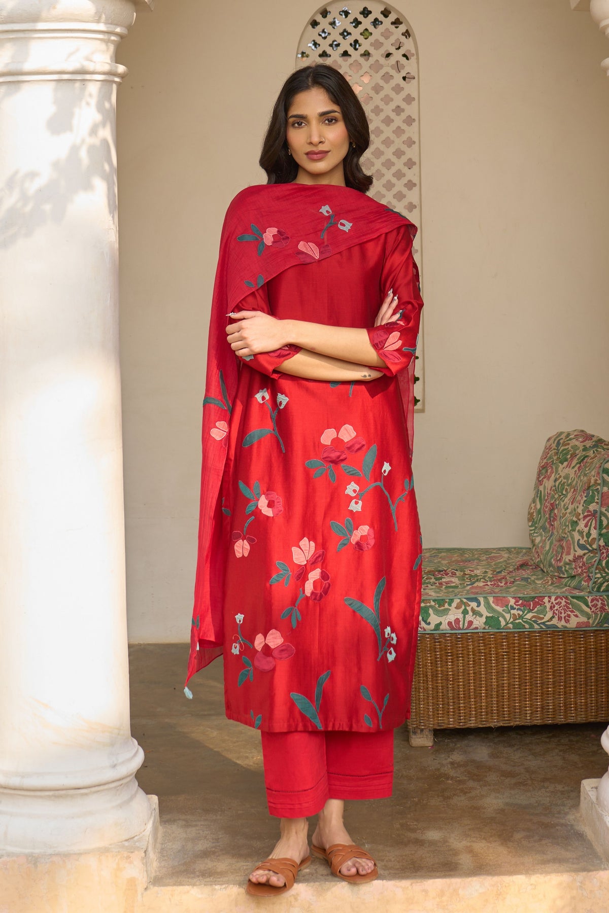 Cherry Red Applique Kurta Set