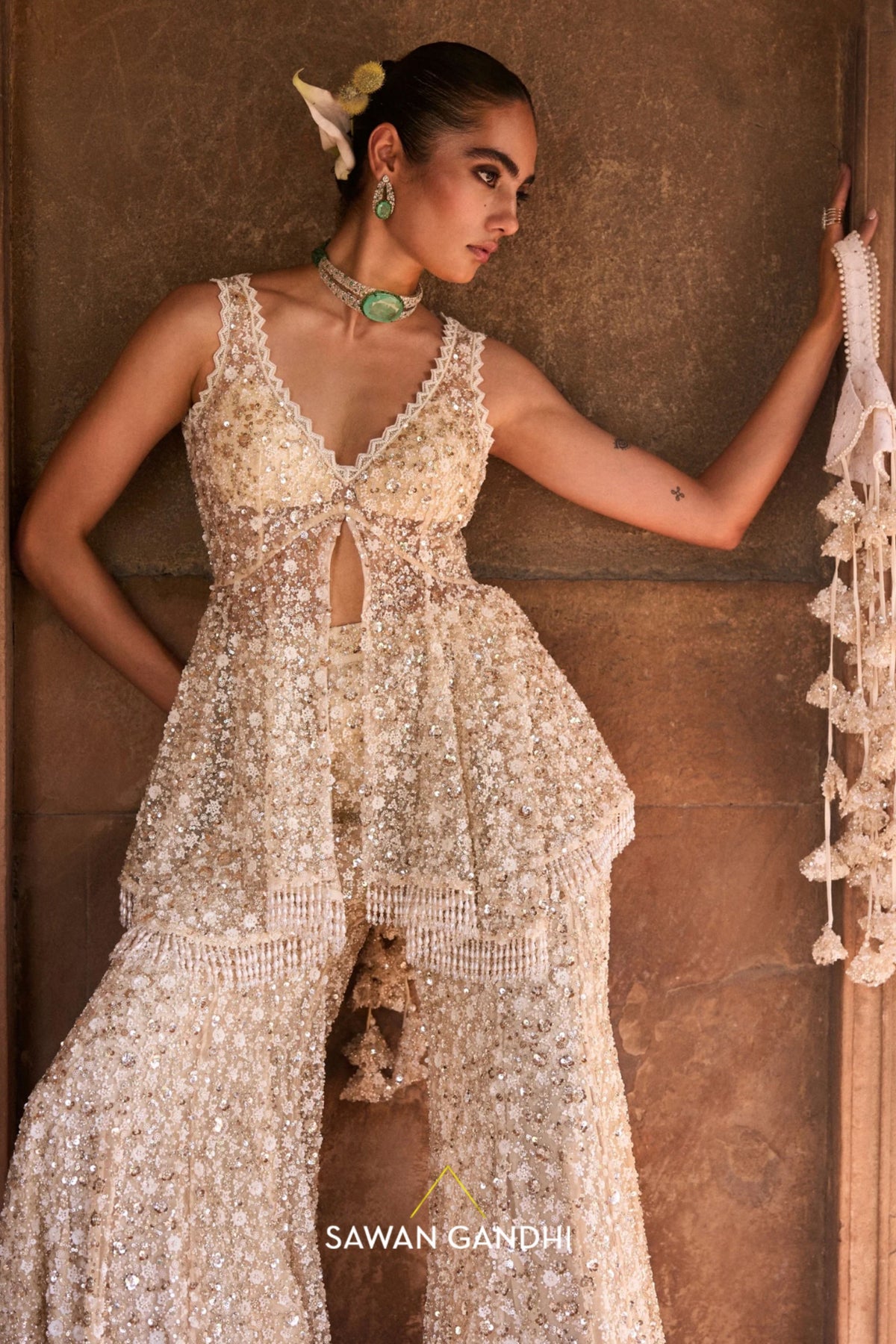 Ivory Sequins Peplum Set