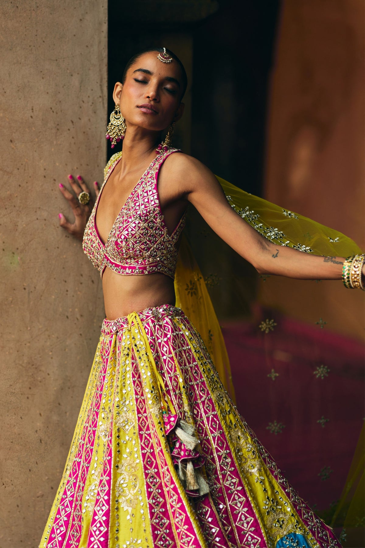 Multi Raw Silk Lehenga Set