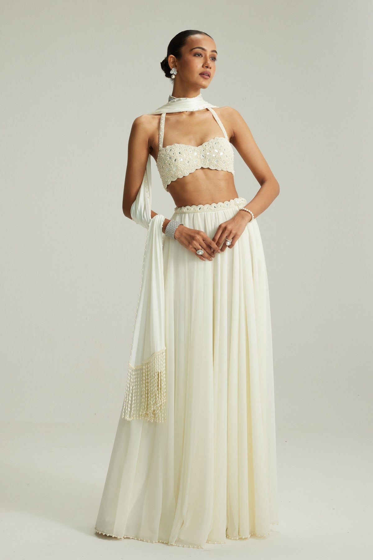 Halter Neck Blouse Off White Skirt Set