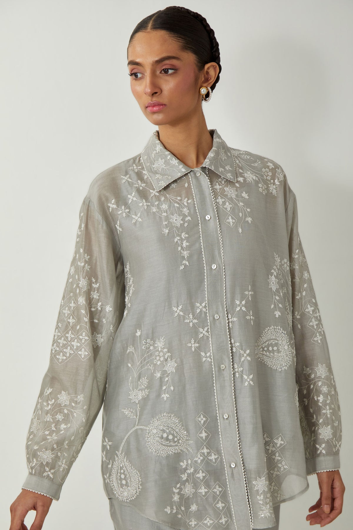 Grey Silk Chanderi Shirt Set