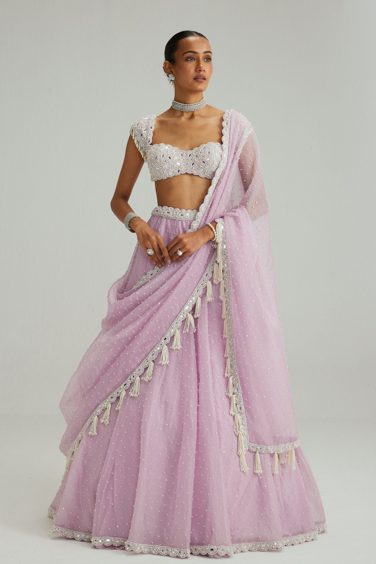 Lavender Mirror and Pearl Lehenga Set