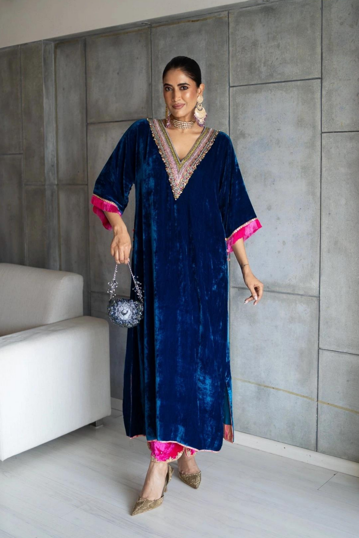 Nadira Blue Velvet Kaftan Kurta Set