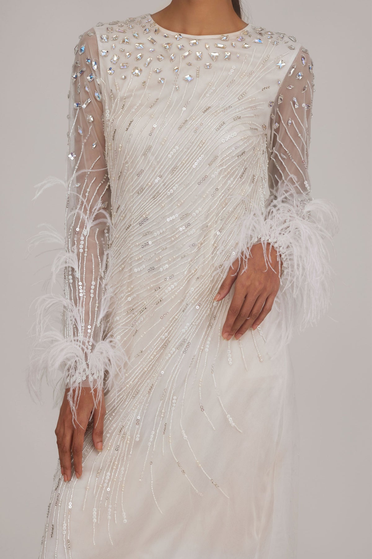 Beaded Feather Ivory Midi Dress