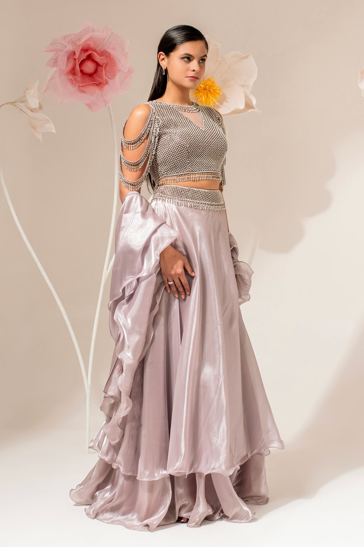 Silver Beaded Embroidered Lehenga Set