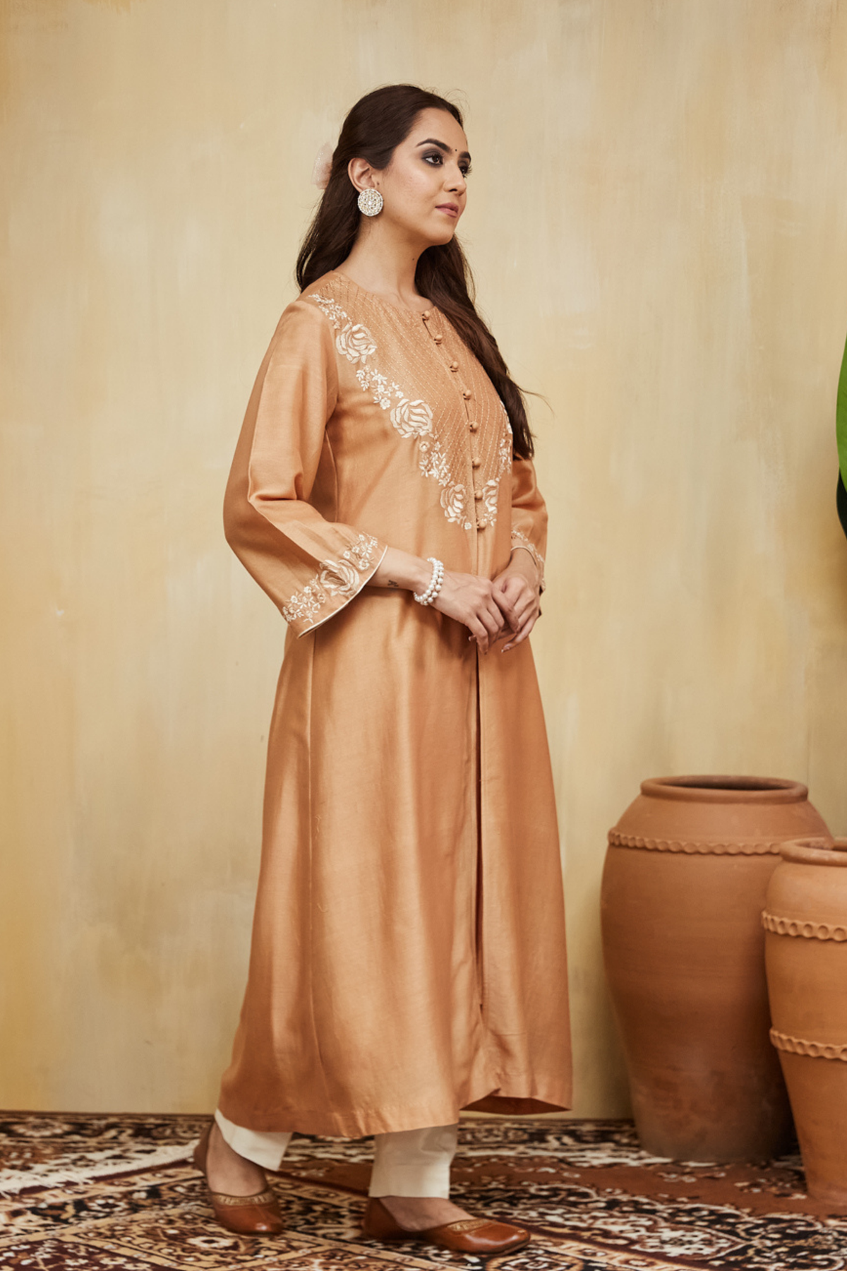 Peach Amina Jacket Kurta With Slip