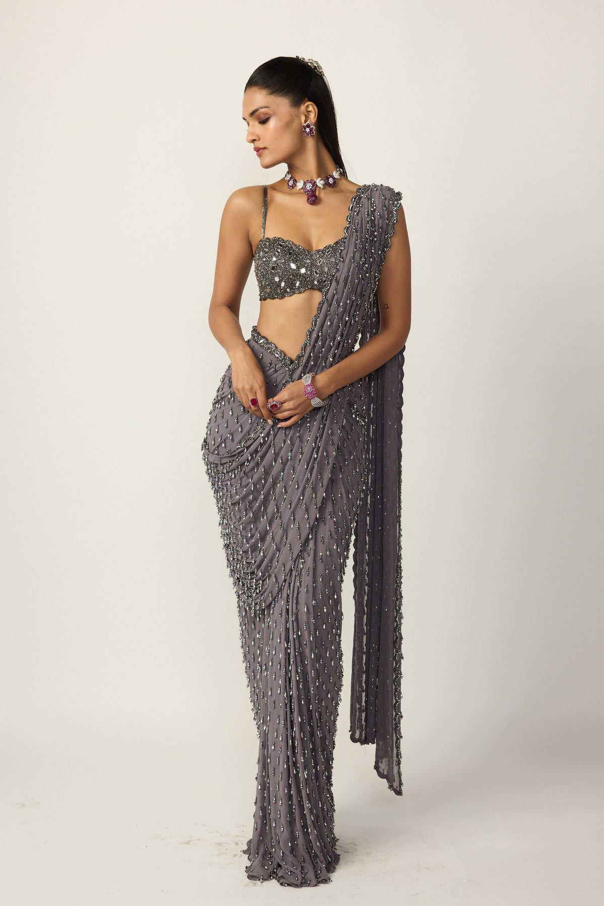 Metallic Grey Draped Saree Set
