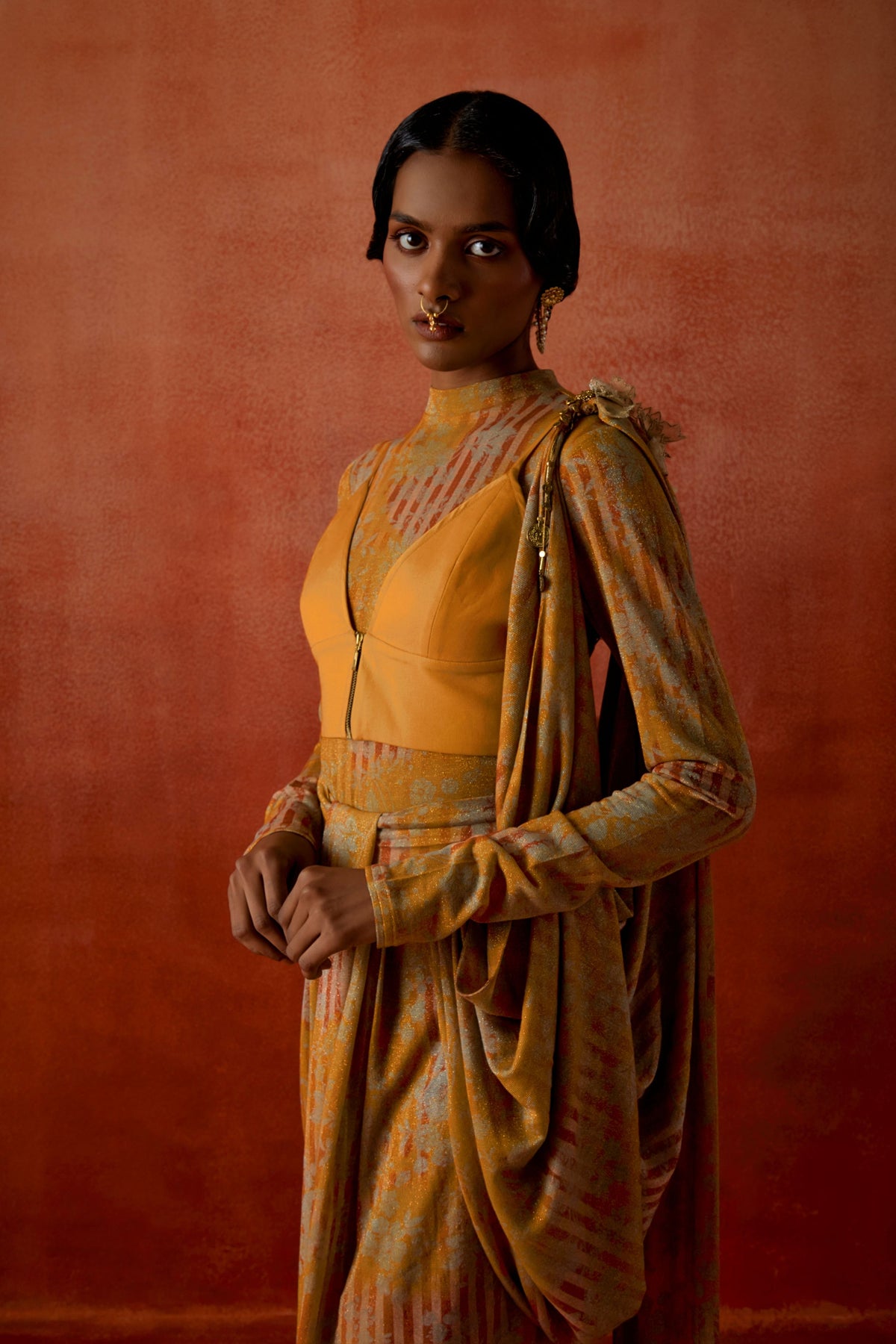 Gold Draped Sari Set