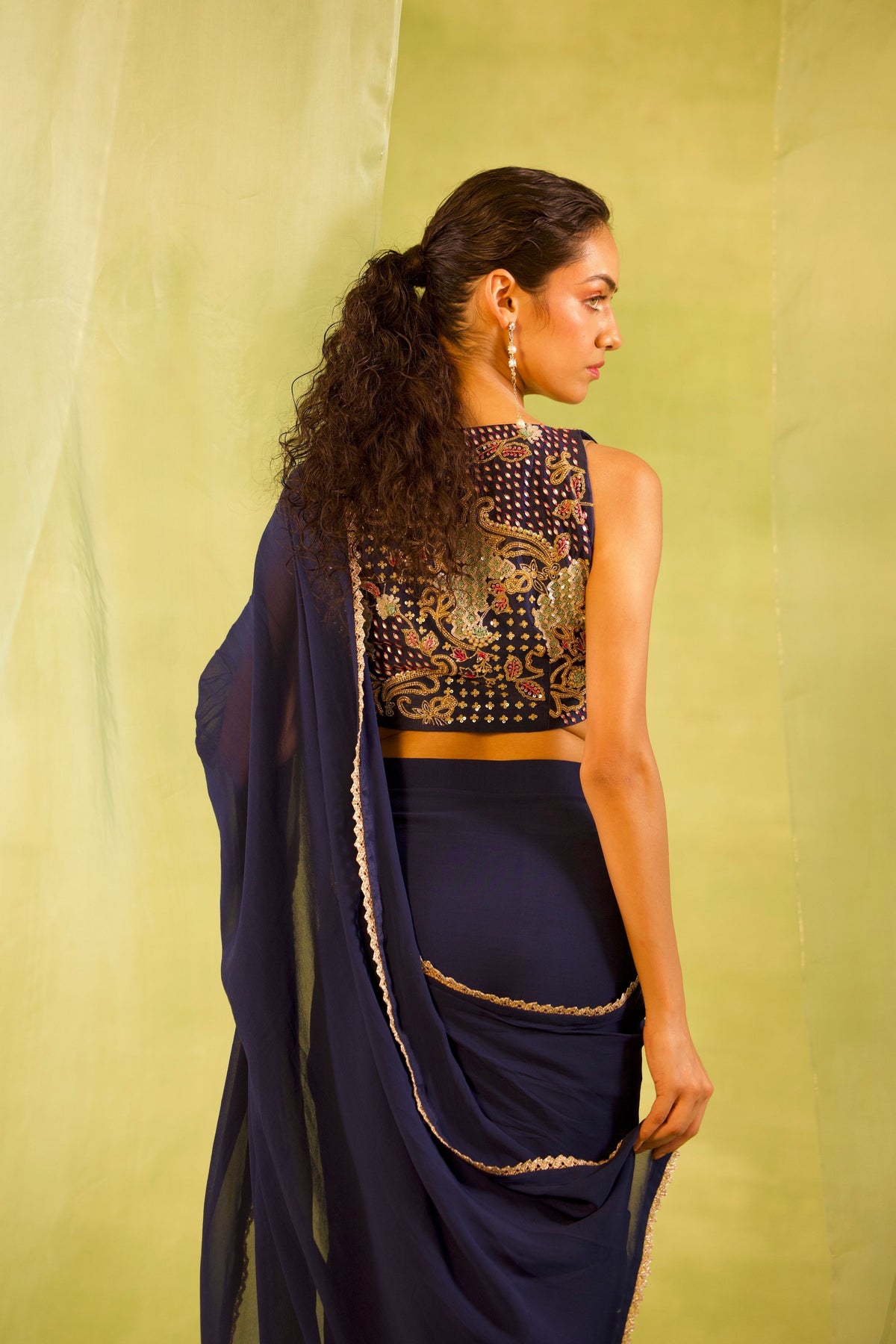 Navy Blue Embroidered Saree Set