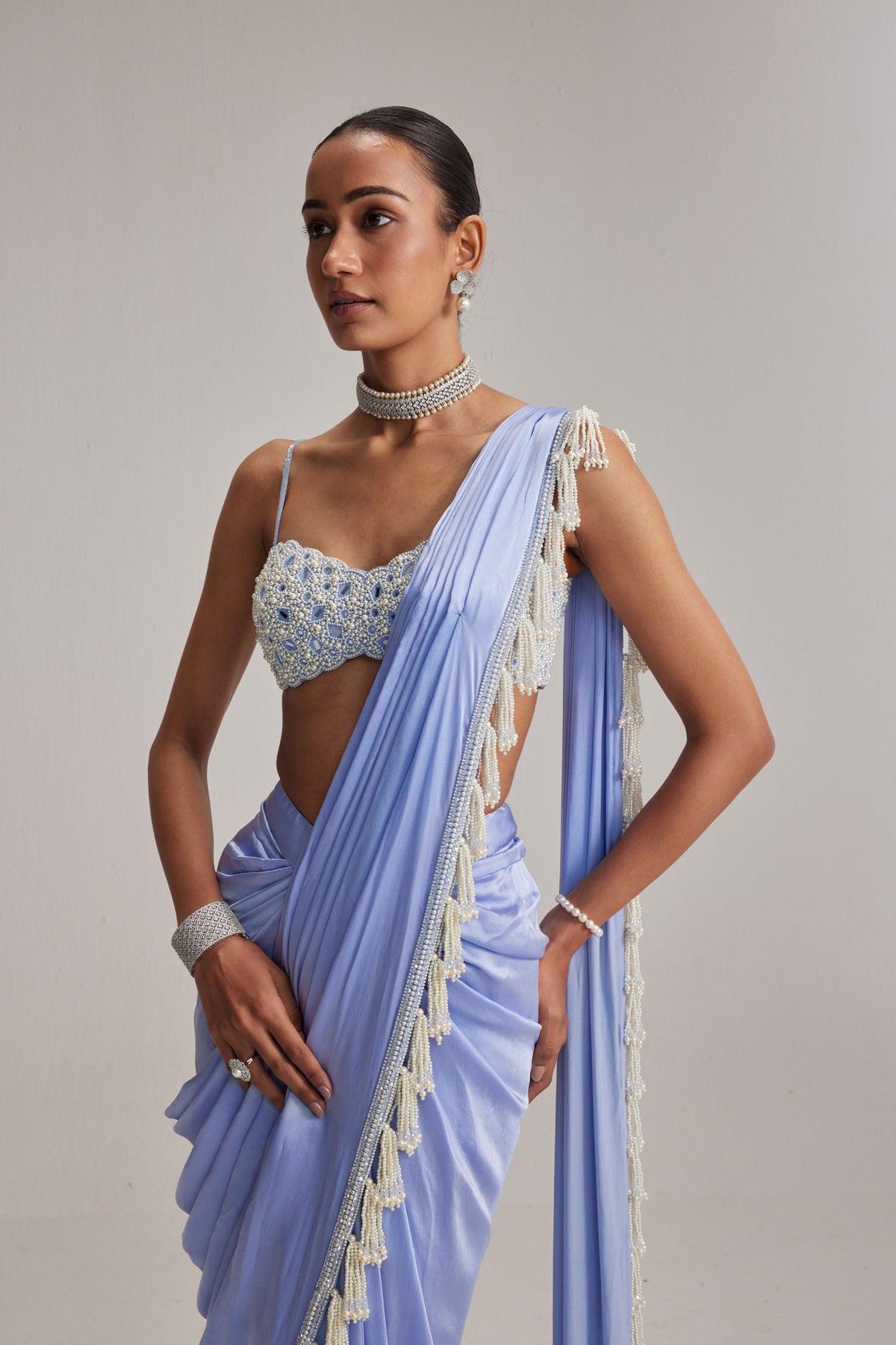 Dew Blue Satin Draped Saree Set