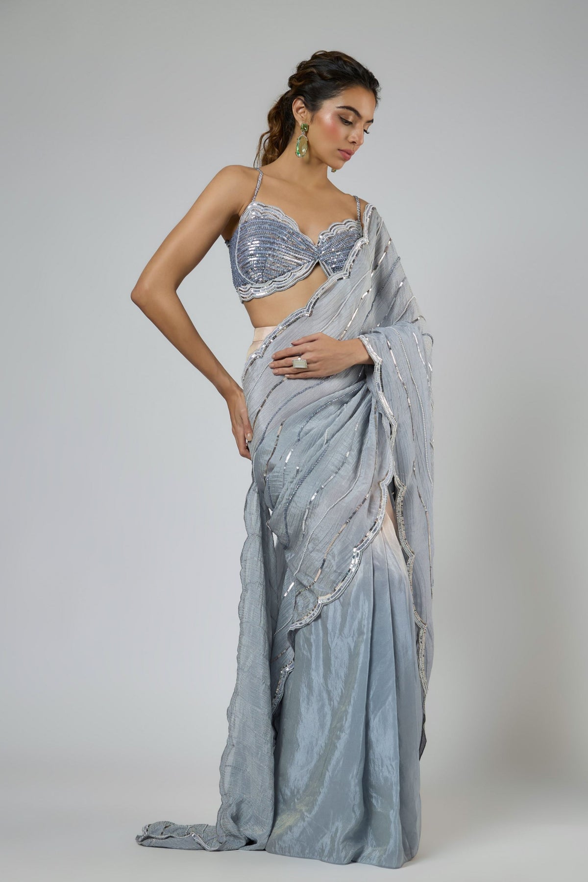 Periwinkle Cutwork Draped Saree Set
