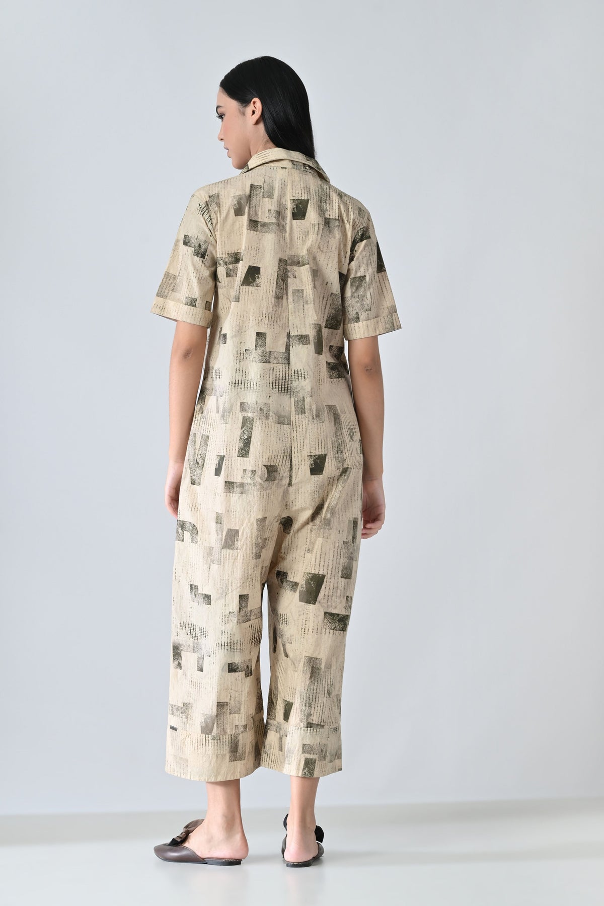 Beige Printed Relaxed Fit Jumpsuit