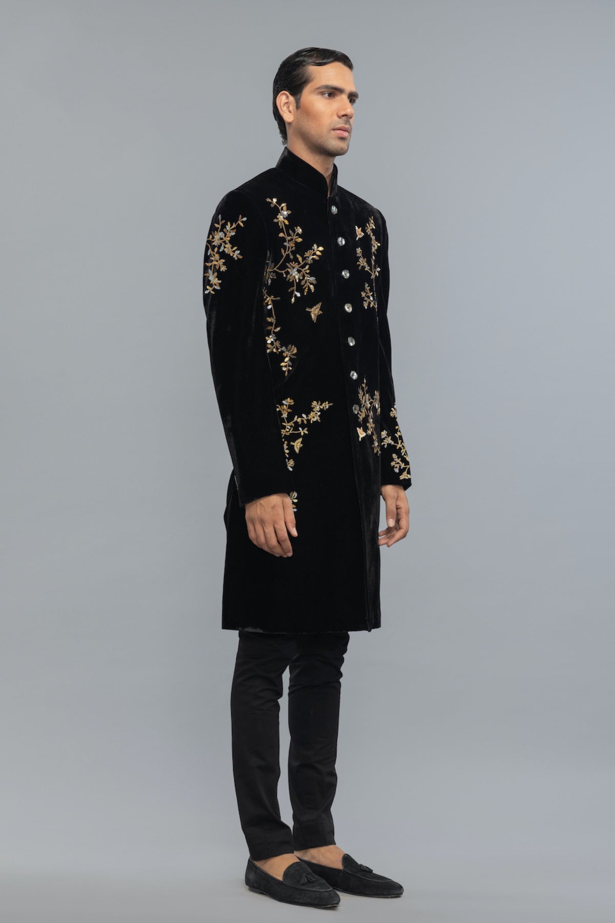 Velvet Sherwani In Black