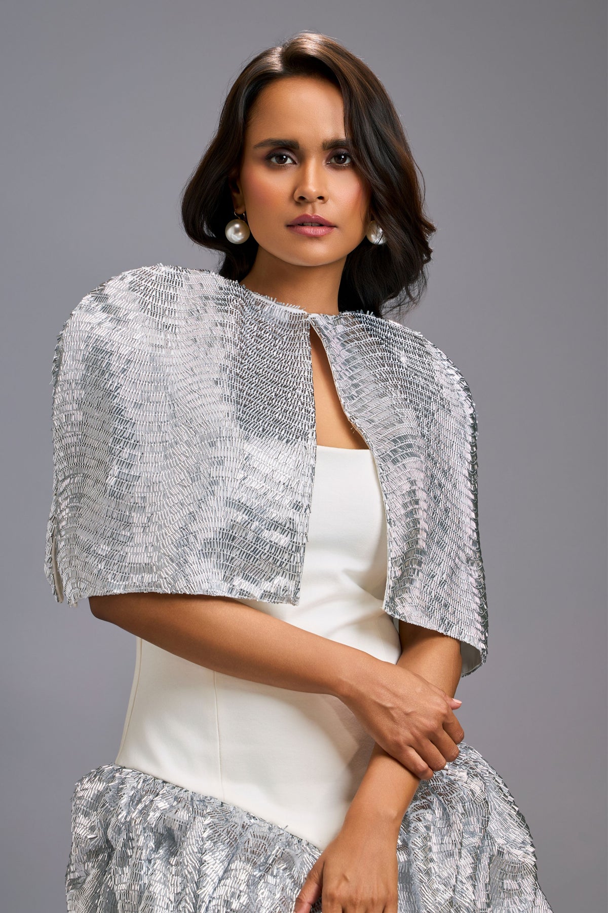 Shimmer Embroidered Silver Cape Dress