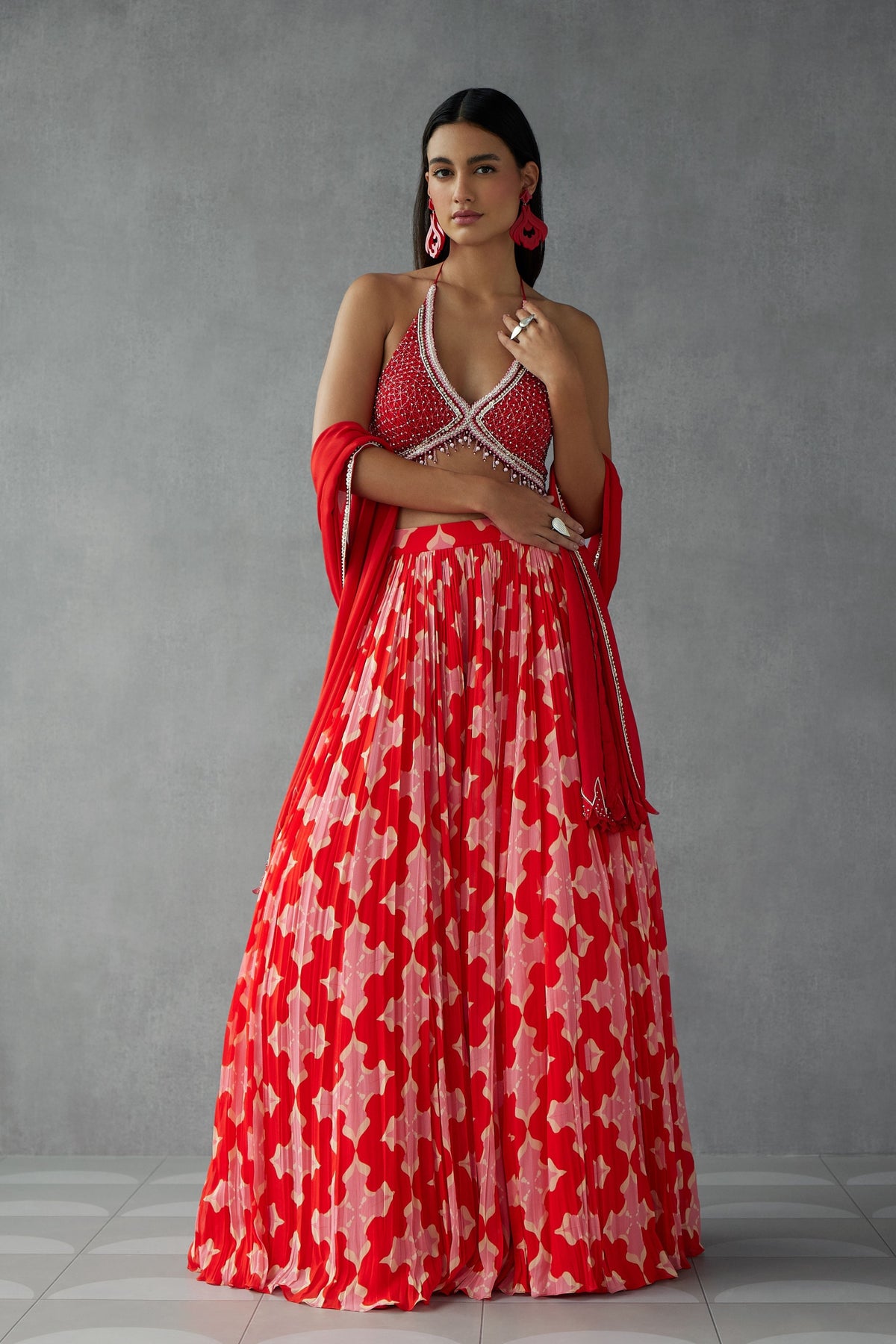 Red Printed Lehenga Set