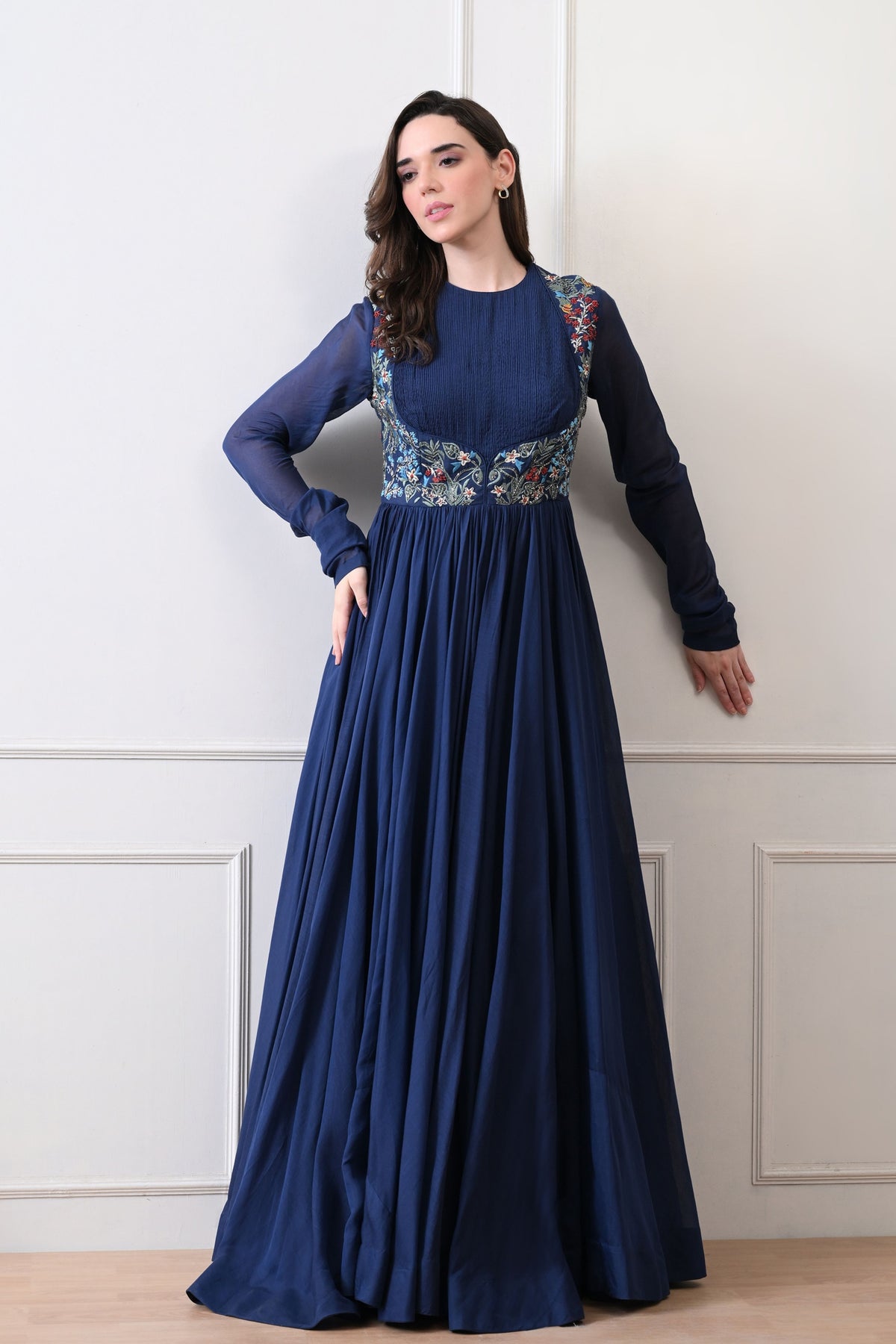 Blue Pintuck Bodice Embroidered Anarkali