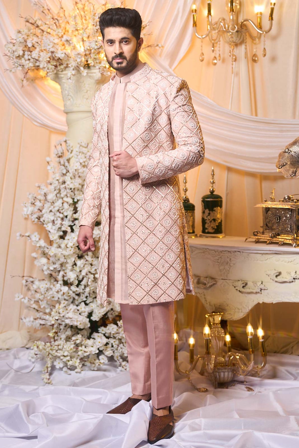 Salmon Nude Sherwani Set