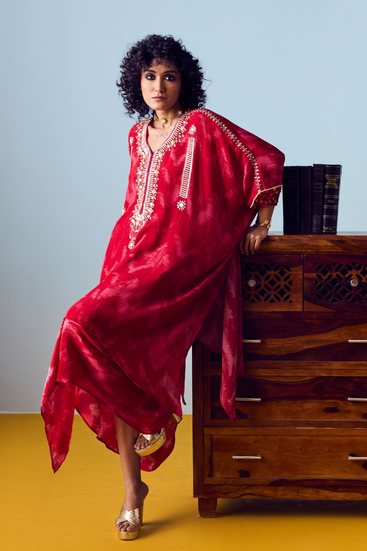 Raso Red Kaftan Set