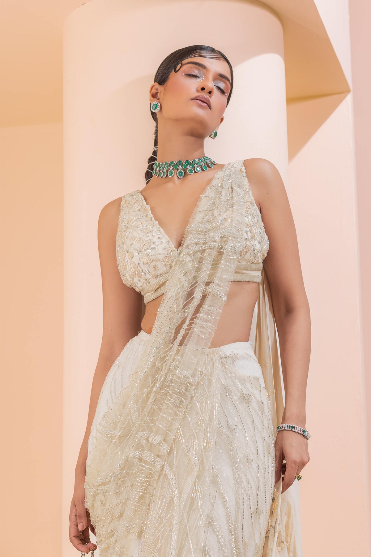 Cream Draped Saree Set