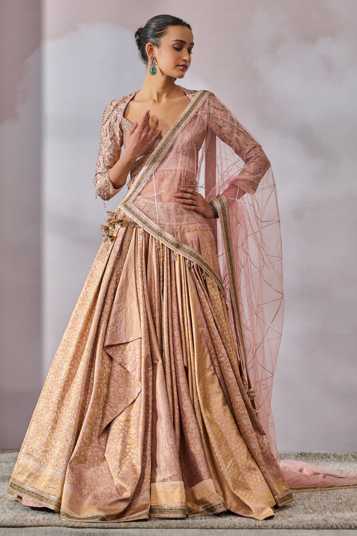 Cascading Brocade Lehenga With Blouse And Dupatta