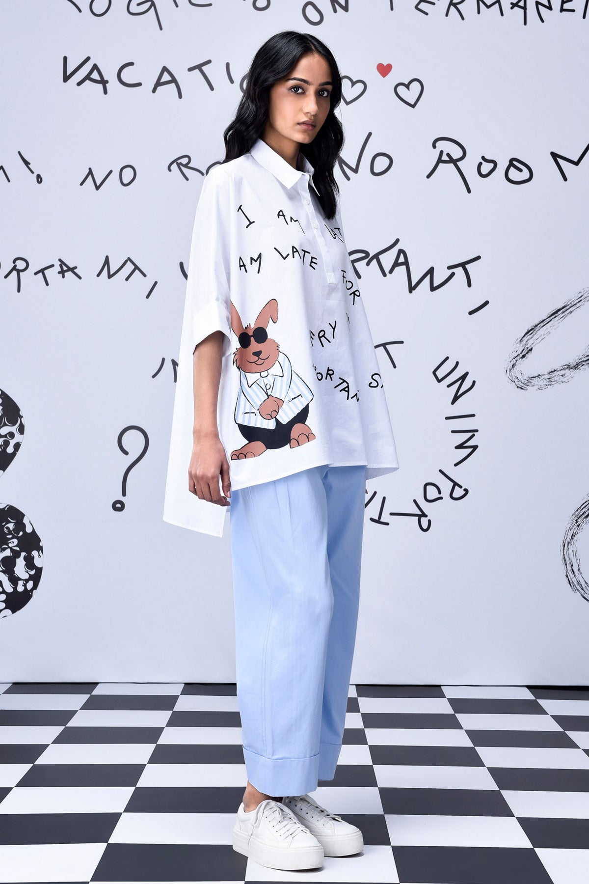 Rabbit Text Oversized Shirt White
