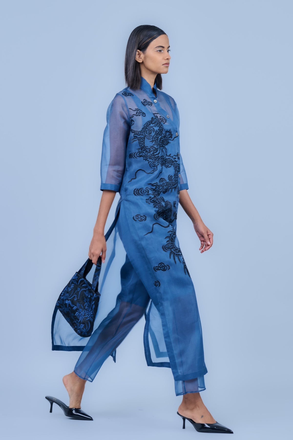 Blue Black Threadwork Kurta