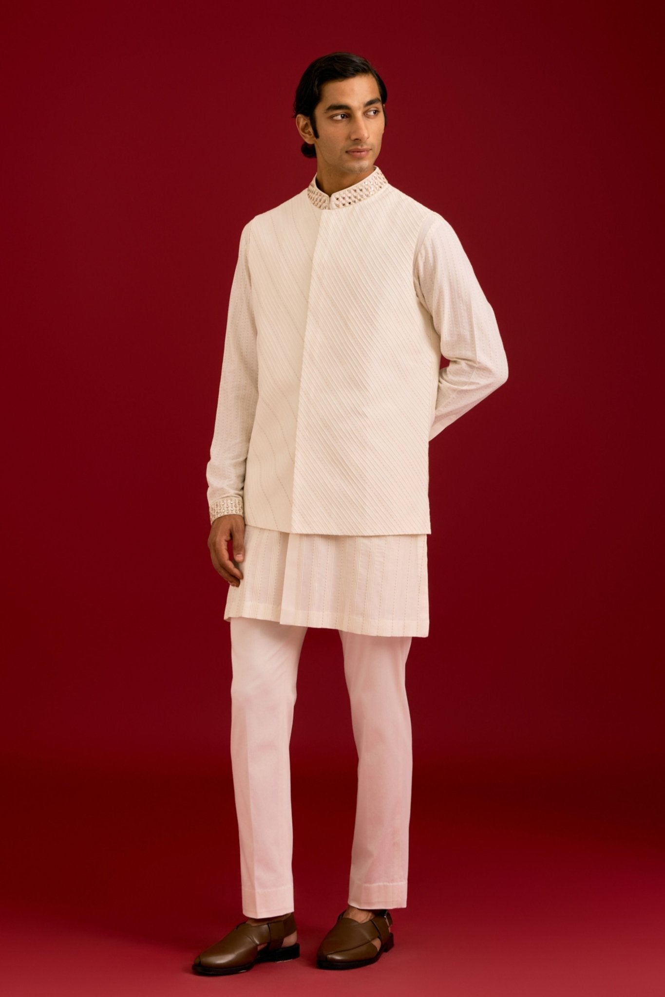 Ivory Cotton Silk Bundi Set - Devnaagri Menswear - Elahe