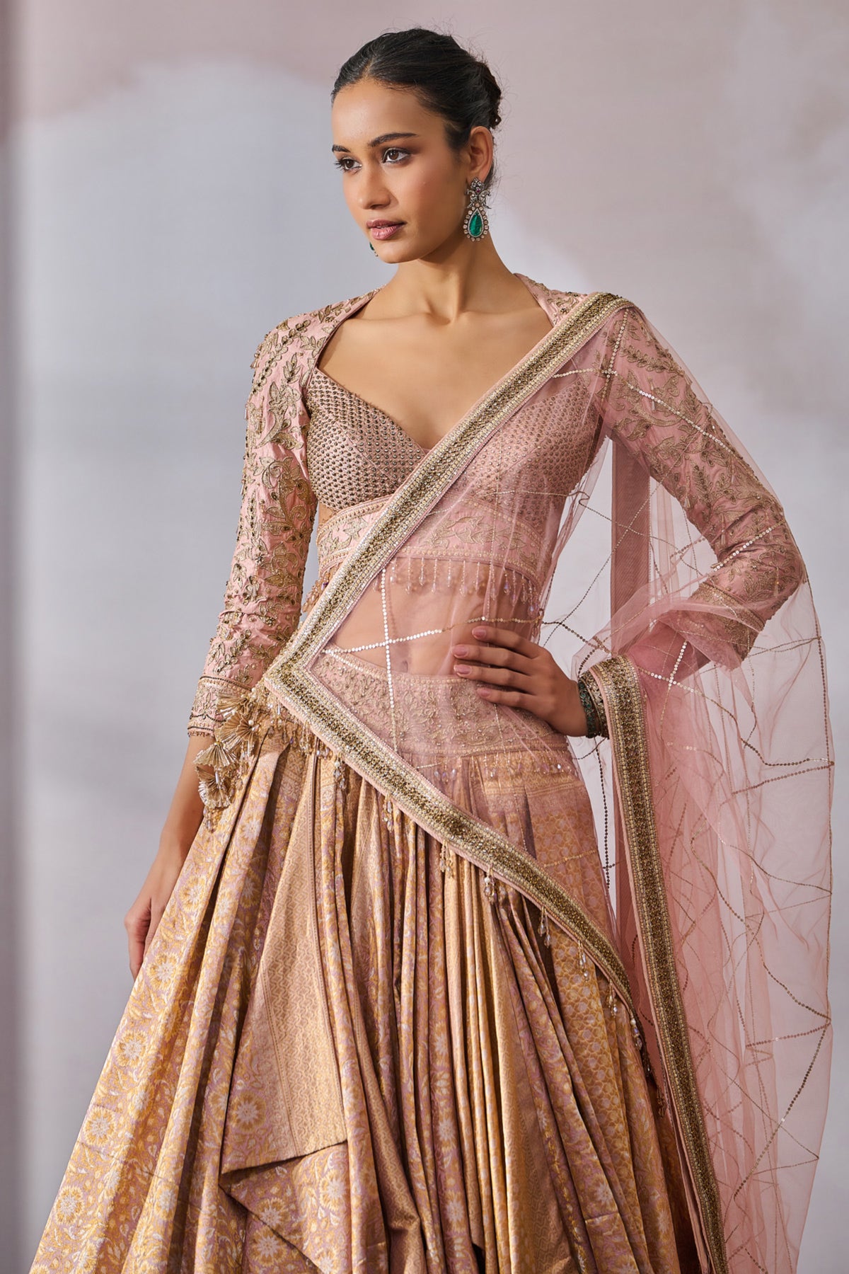 Cascading Brocade Lehenga With Blouse And Dupatta