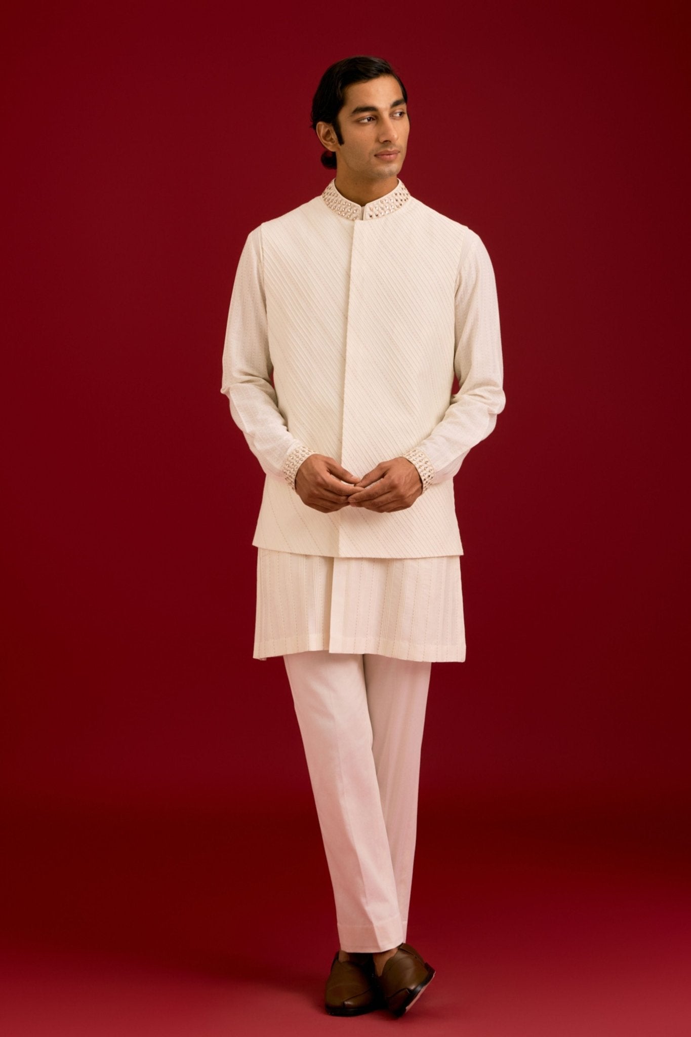 Ivory Cotton Silk Bundi Set - Devnaagri Menswear - Elahe