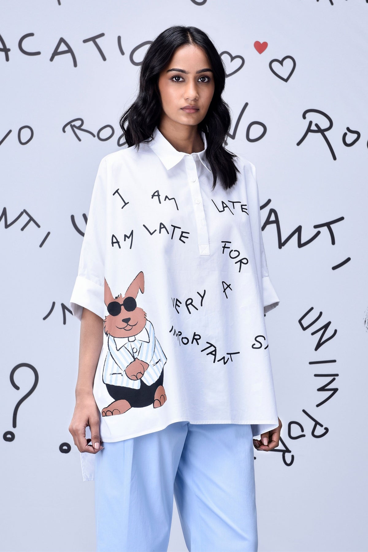 Rabbit Text Oversized Shirt White