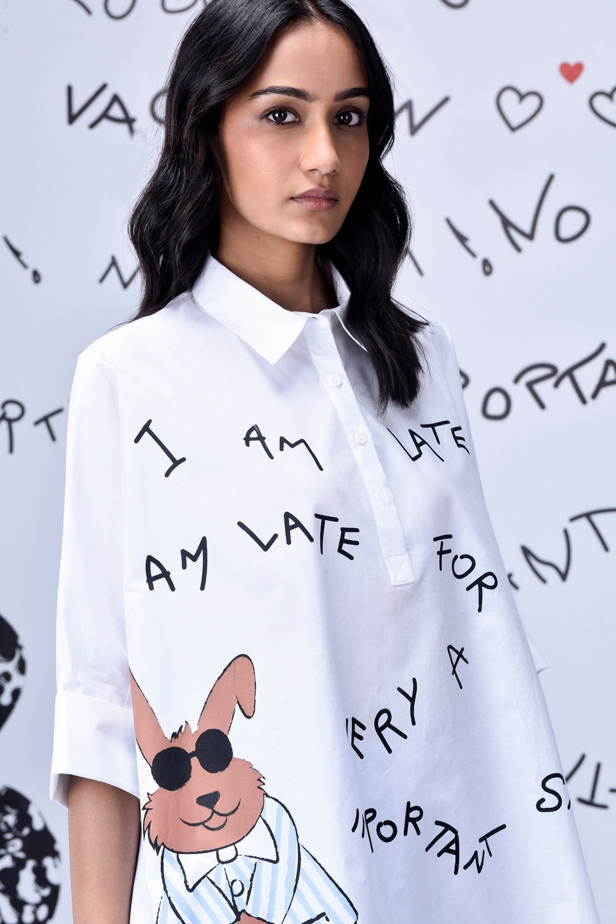 Rabbit Text Oversized Shirt White
