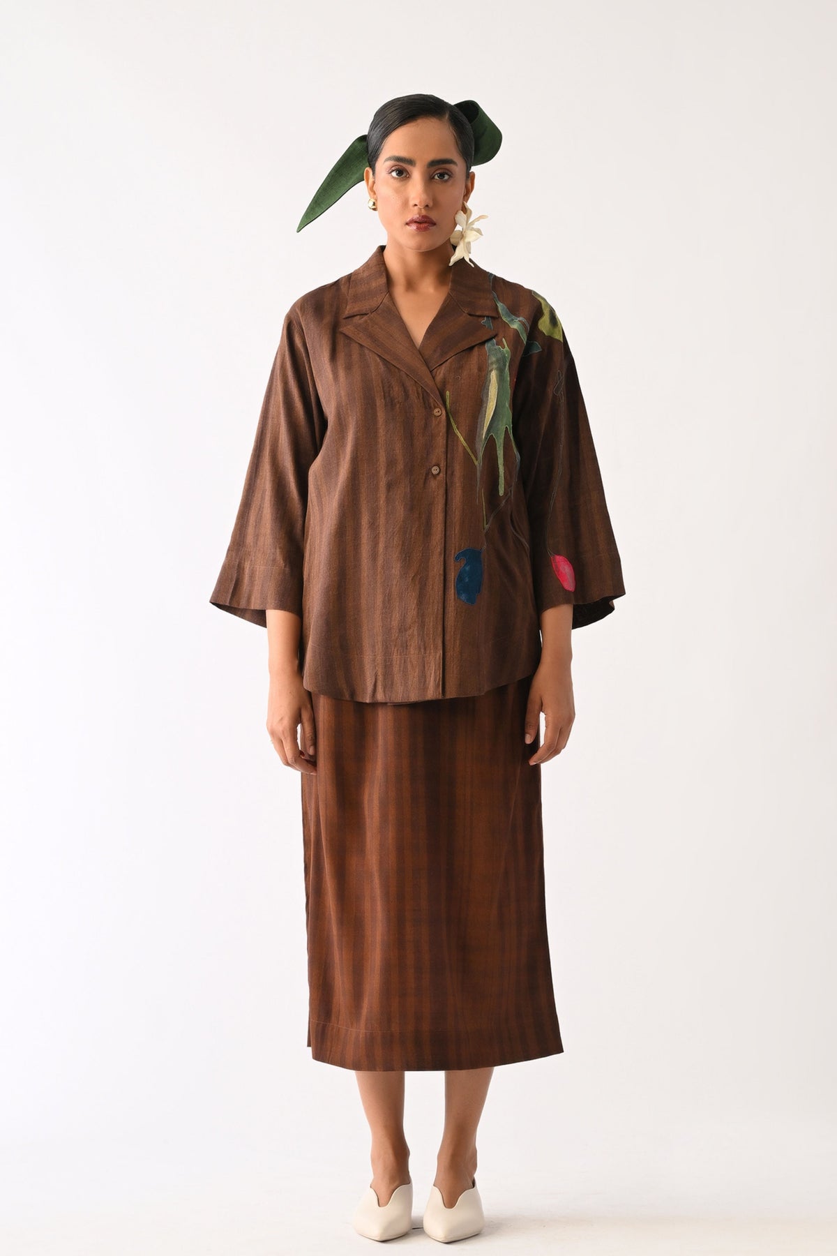 Brown Psyflora Applique Shirt Set