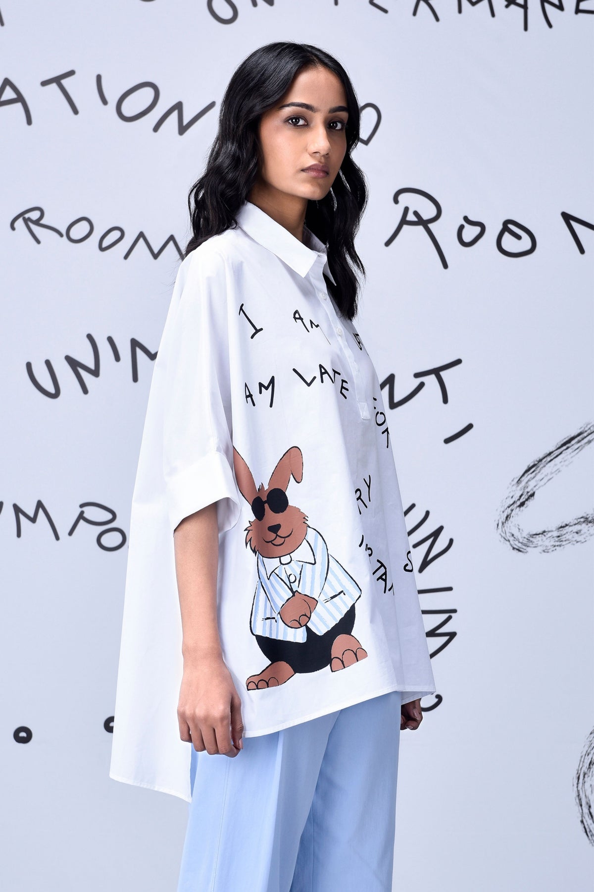 Rabbit Text Oversized Shirt White