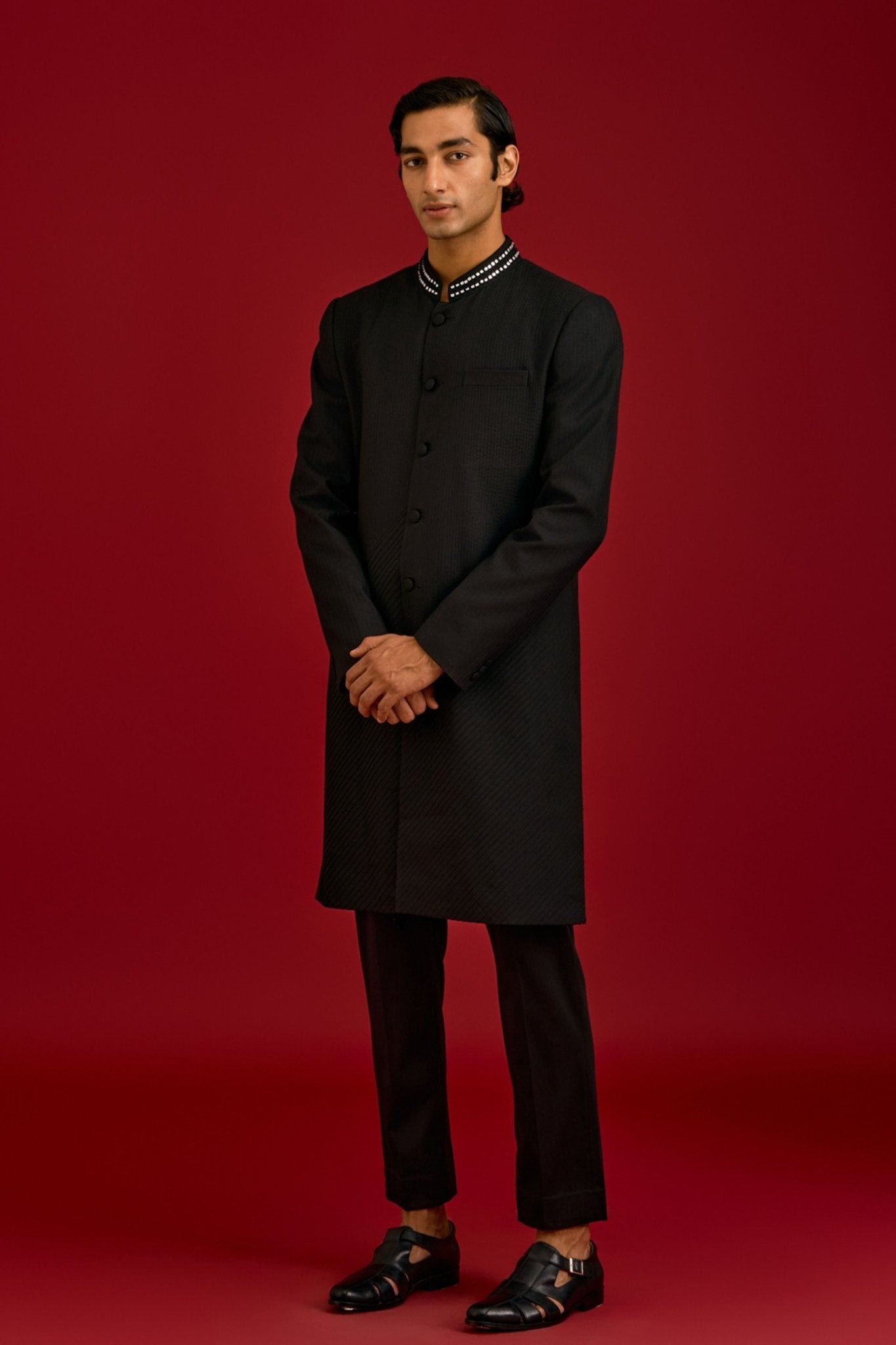Black Mirror Work Sherwani Set - Devnaagri Menswear - Elahe