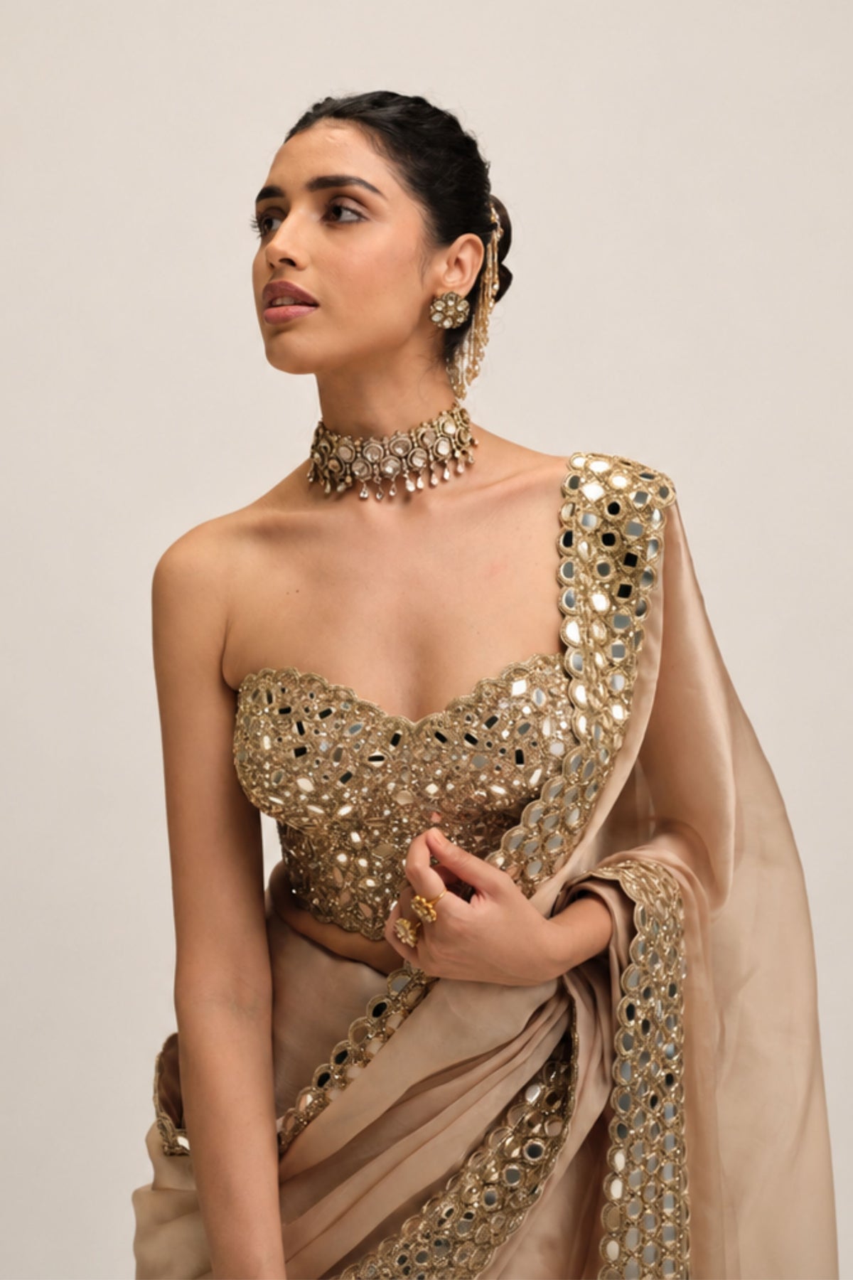 Beige Mirror Saree Set