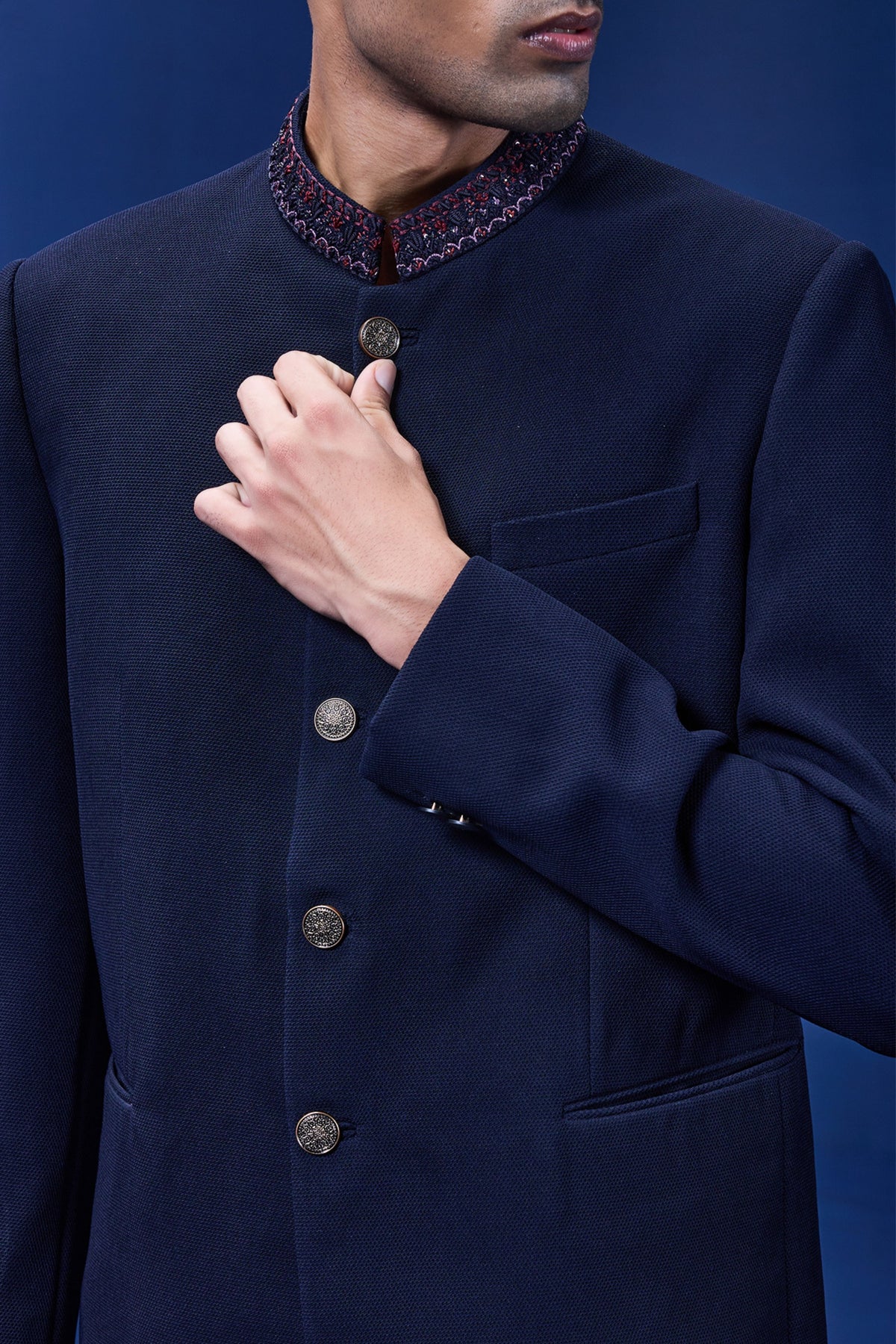 Navy Blue Embroidered Bandhgala Set