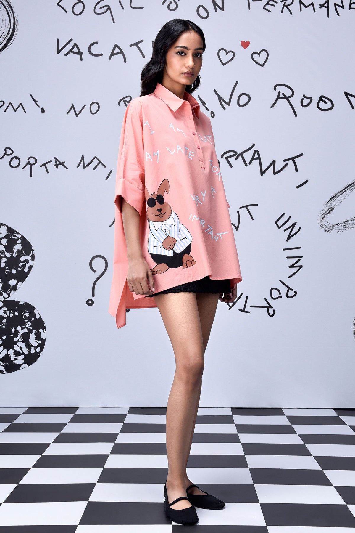 Rabbit Text Oversized Shirt Coral Peach