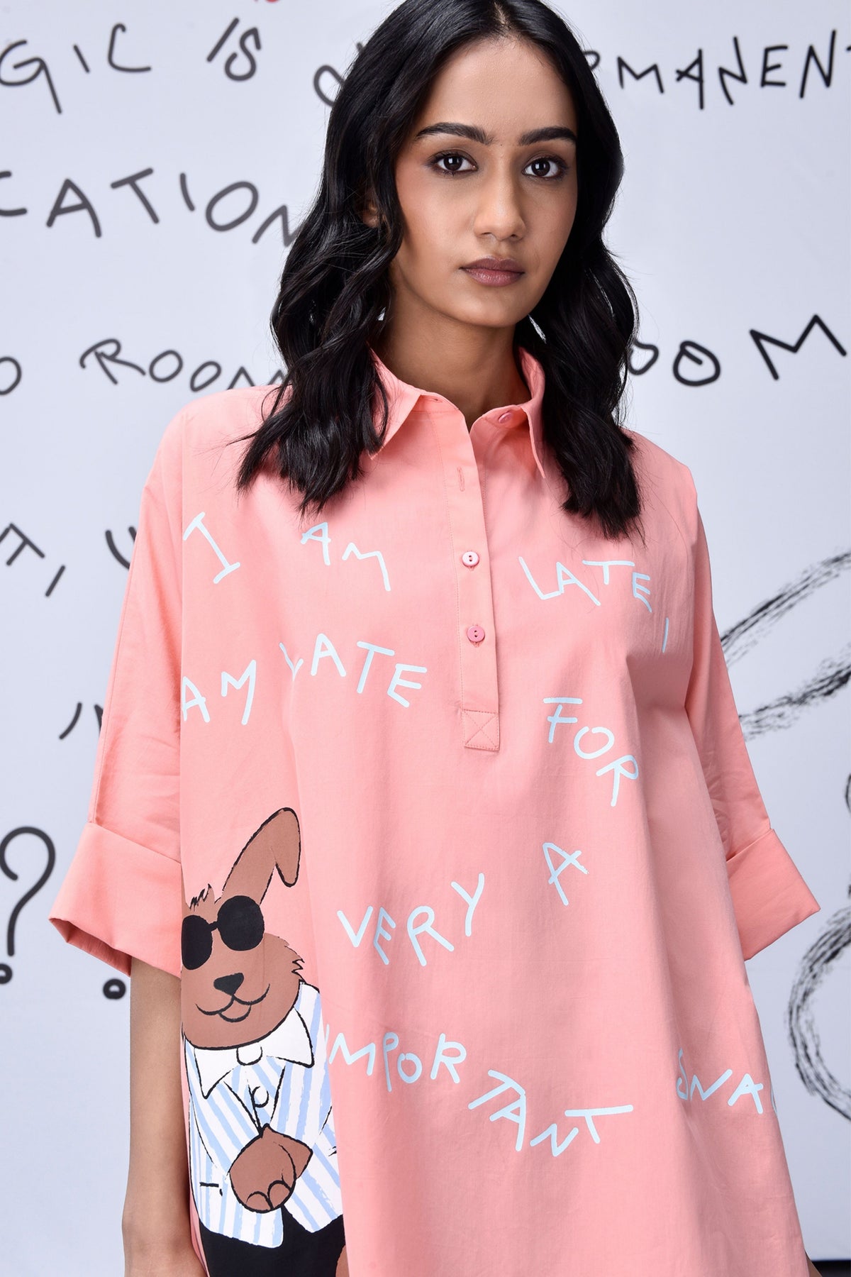 Rabbit Text Oversized Shirt Coral Peach