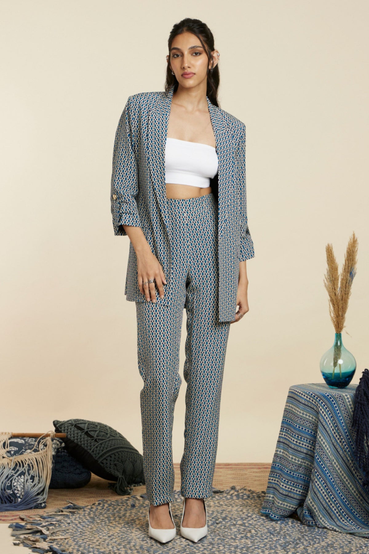 Blue Boho Stripe Blazer Set