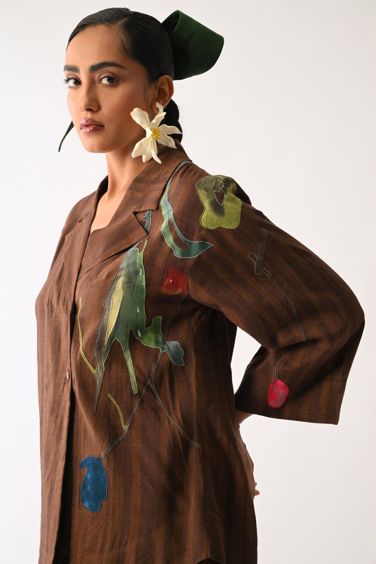 Brown Psyflora Applique Shirt Set