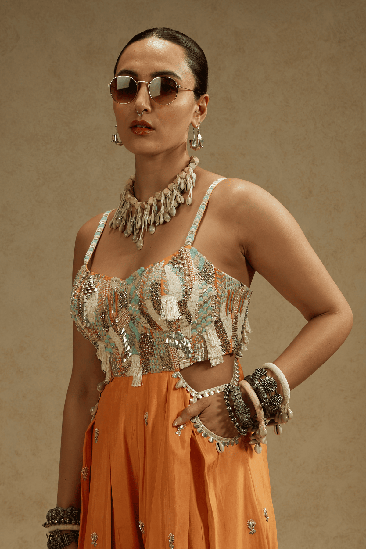 Orange Embellished Jumpsuit With Pockets