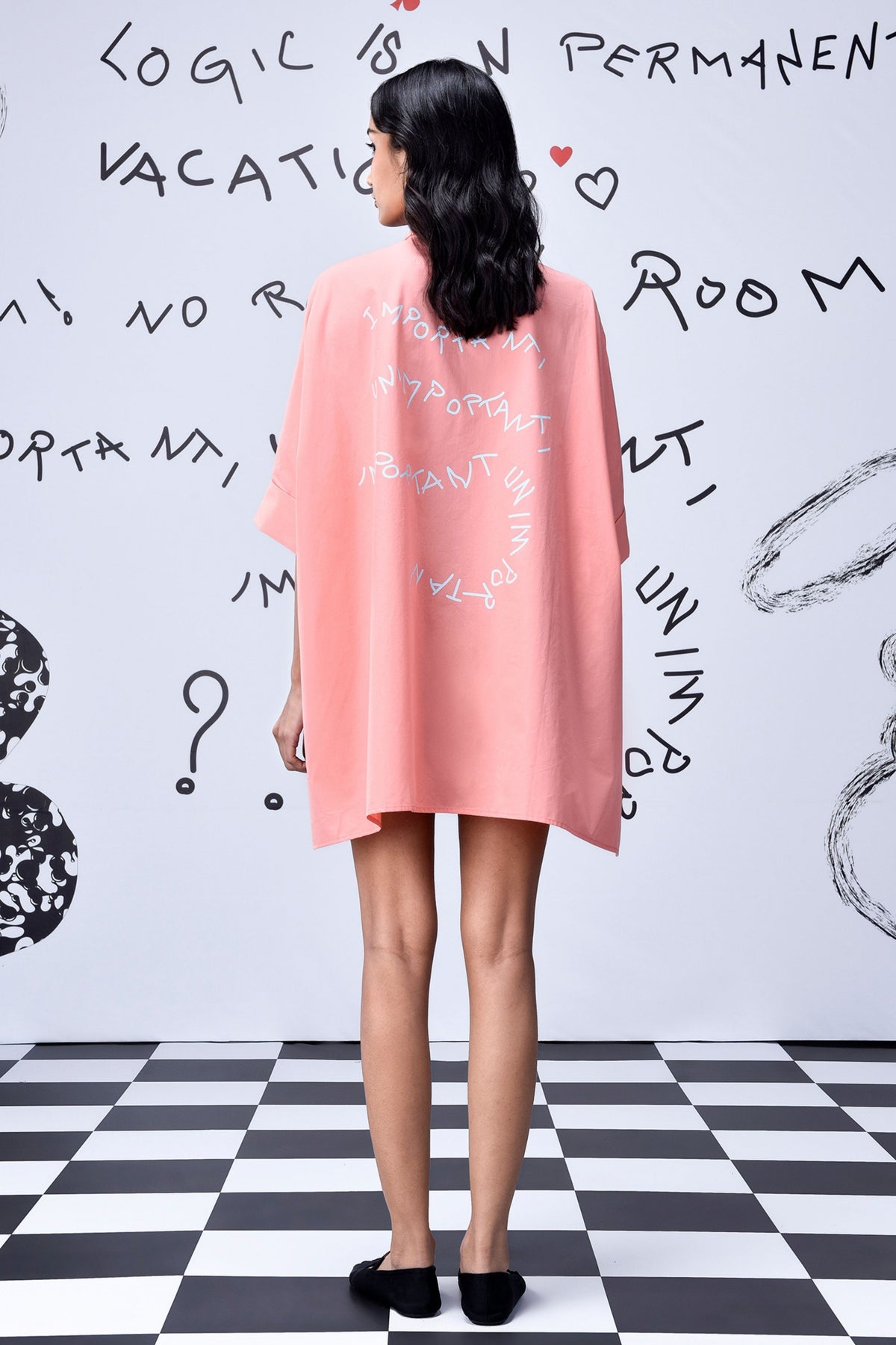 Rabbit Text Oversized Shirt Coral Peach