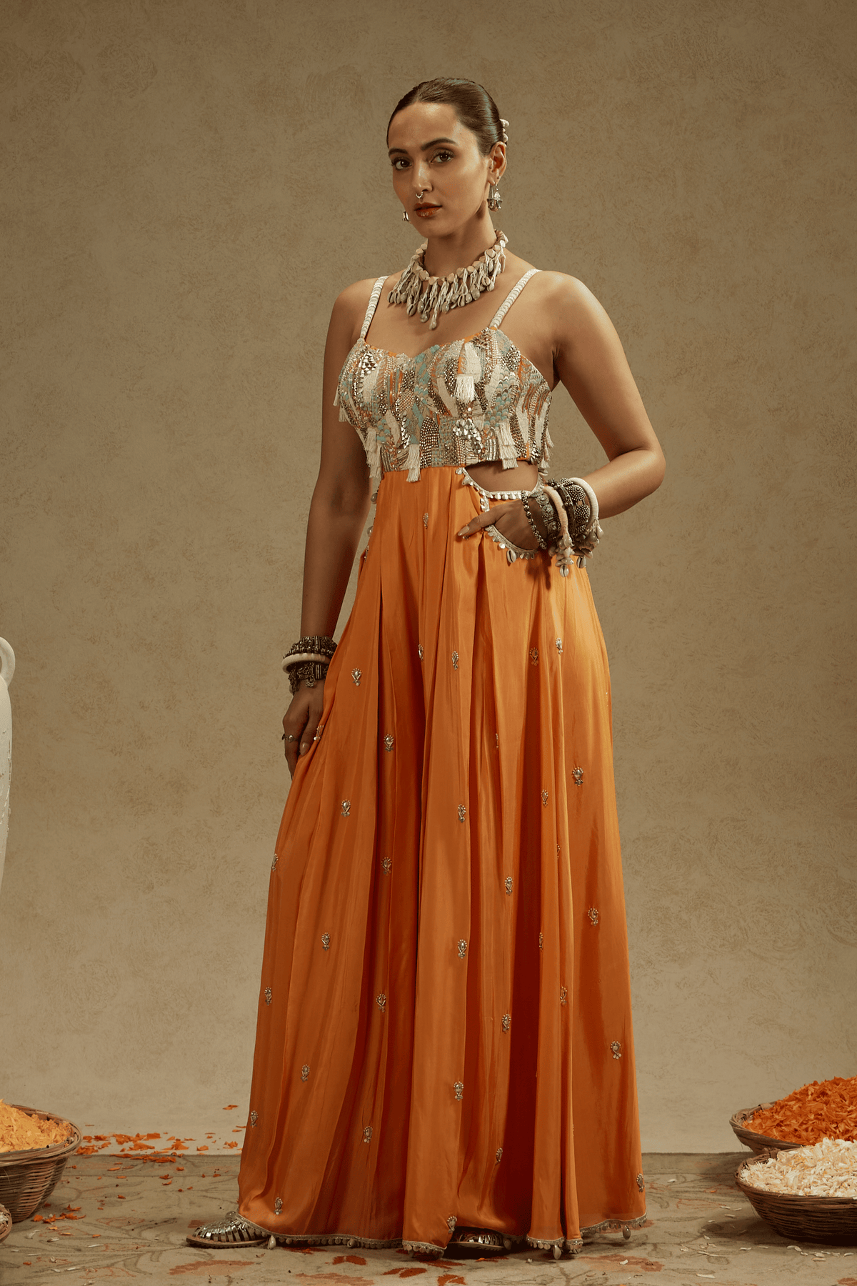 Orange Embellished Jumpsuit With Pockets