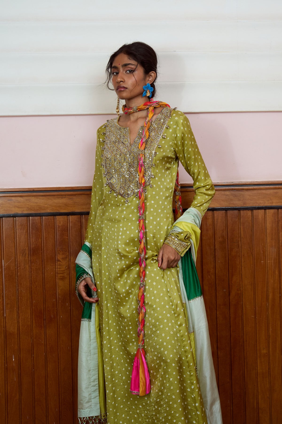 Ishq Olive Bandhani Anarkali Set