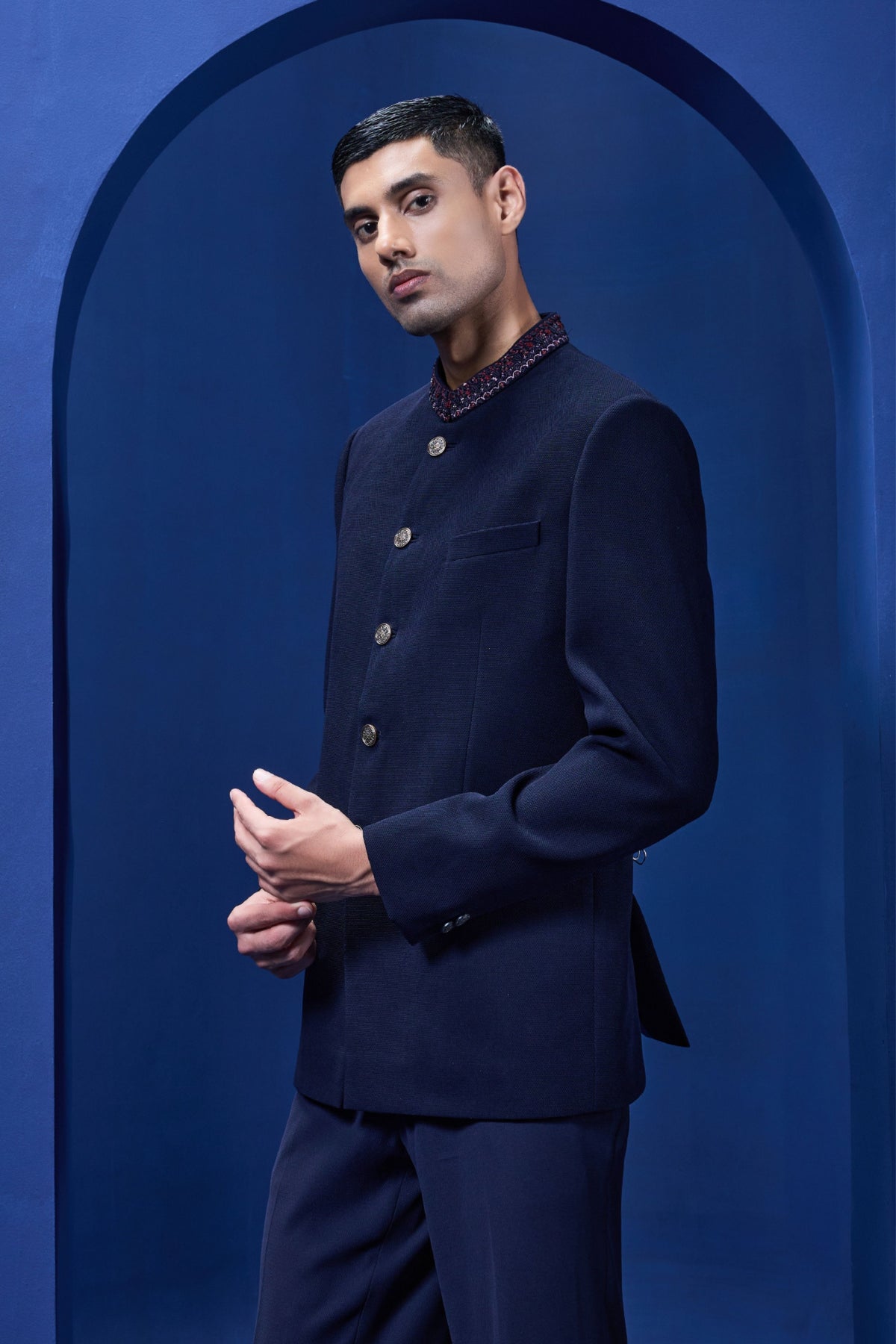 Navy Blue Embroidered Bandhgala Set