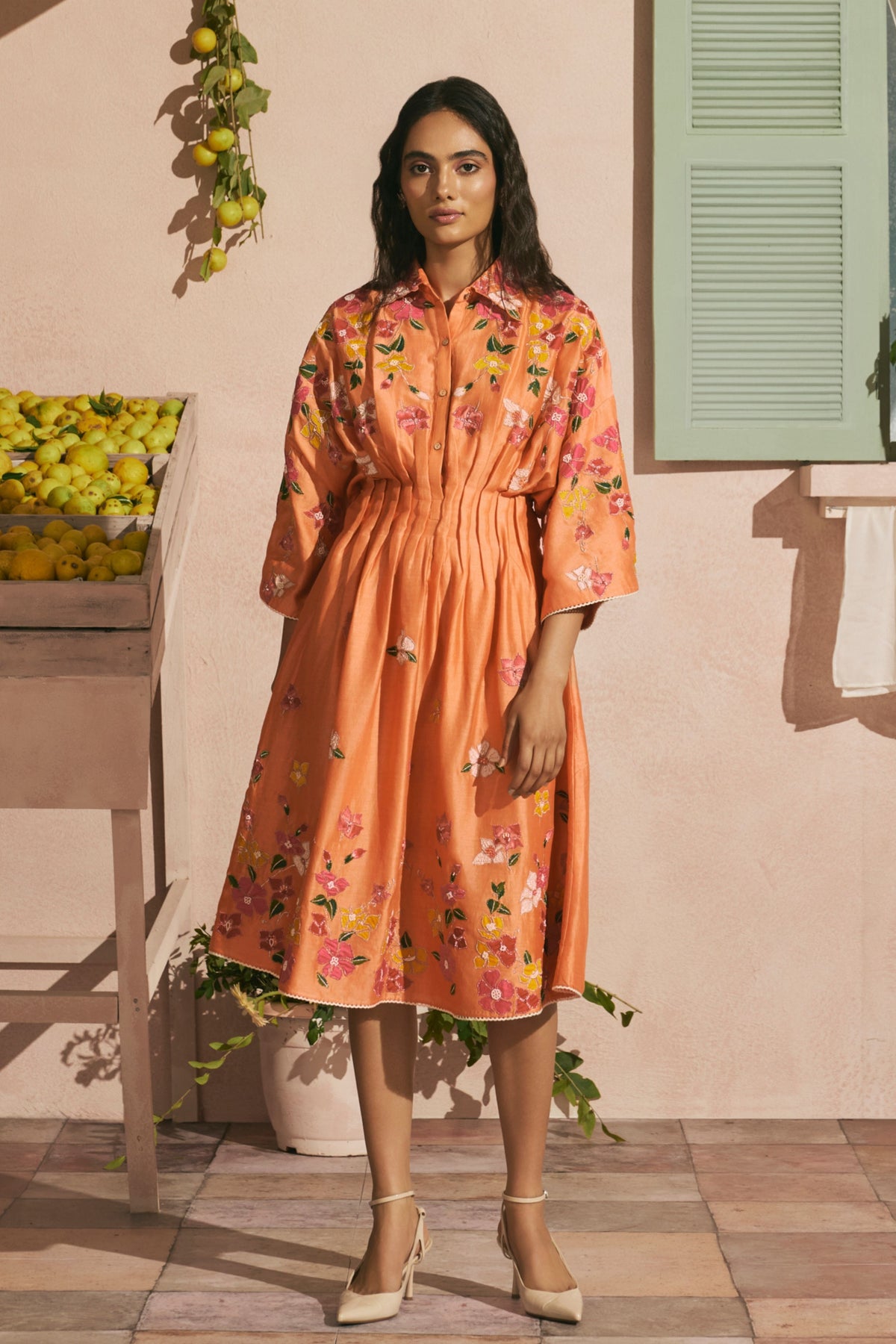Orange Bougainvillea Pleated Dress