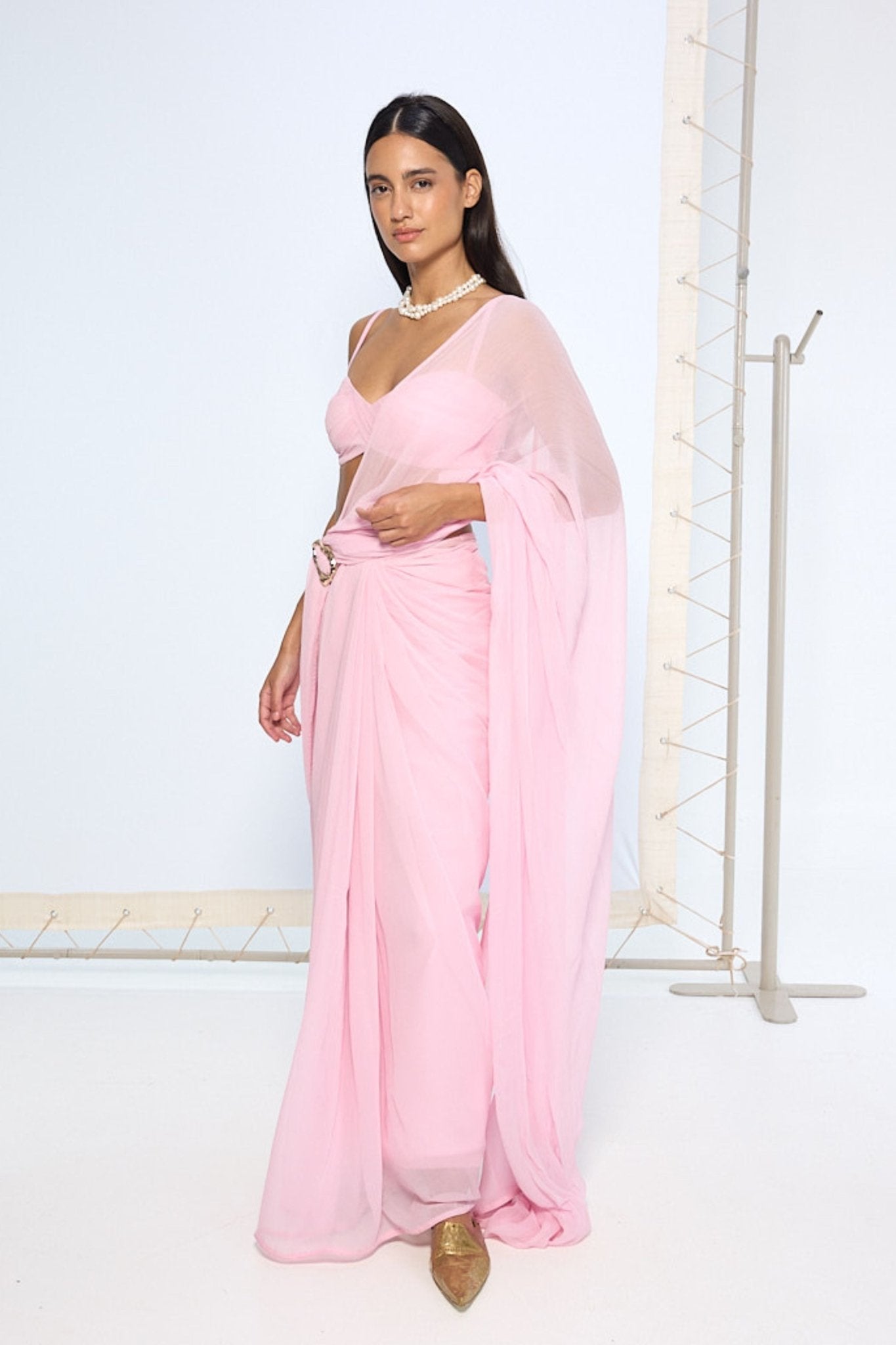 Blush Pink Brooch Saree - Ekaya - Elahe