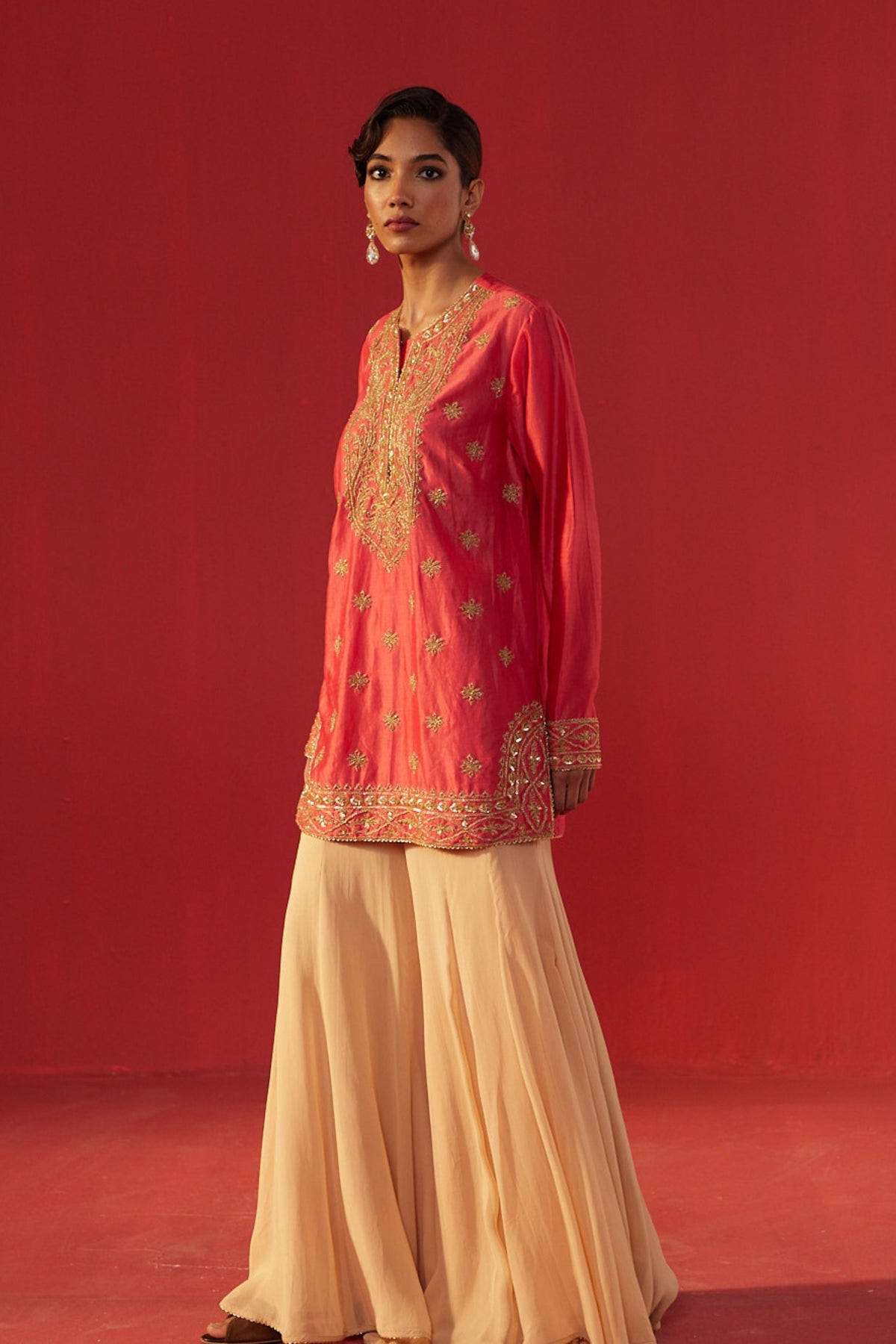 Peach Short Kurta Sharara Set